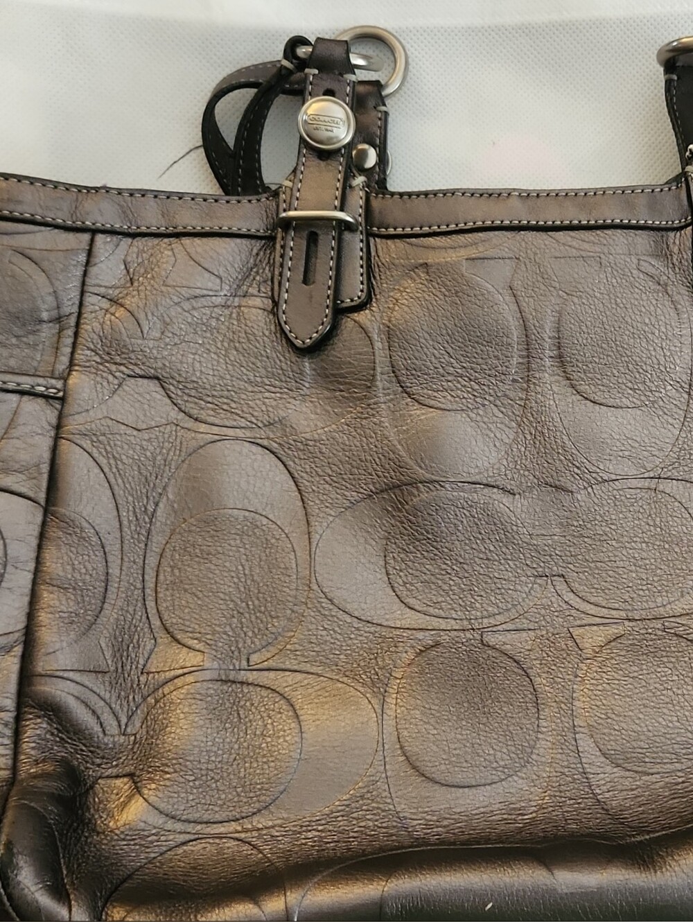 Coach Metallic Gunmental Embossed Signature Leather Shoulder Bag